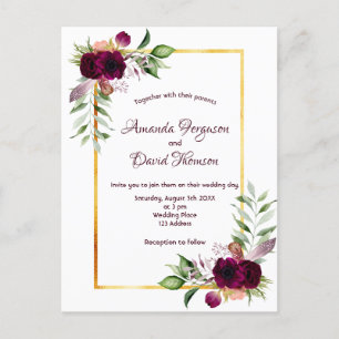 Burgundy florals gold greenery boho bruiloft briefkaart