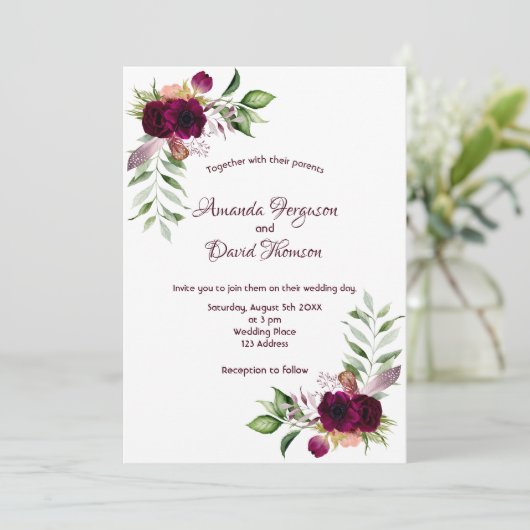 Burgundy florals gold greenery boho bruiloft kaart (Staand voorkant)