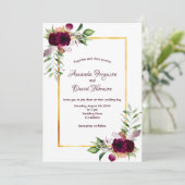Burgundy florals gold greenery boho bruiloft kaart (Staand voorkant)