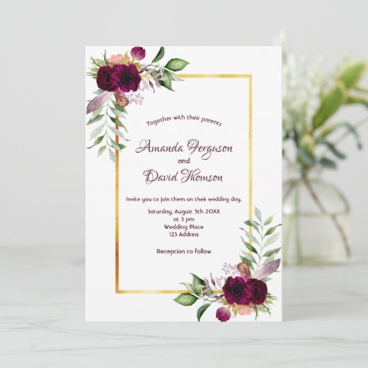 Burgundy florals gold greenery boho bruiloft kaart (Staand voorkant)