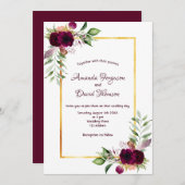 Burgundy florals gold greenery boho bruiloft kaart (Voorkant / Achterkant)
