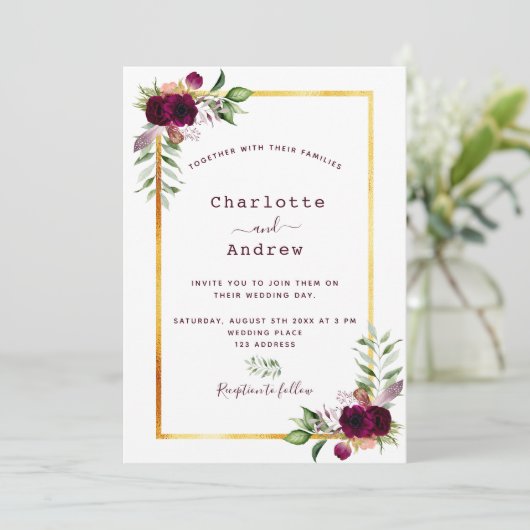 Burgundy florals gold greenery boho bruiloft kaart (Staand voorkant)