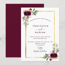 Burgundy florals gold greenery boho bruiloft