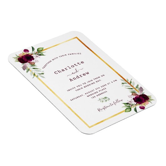 Burgundy florals gold greenery boho bruiloft magneet (Rechterzijde)