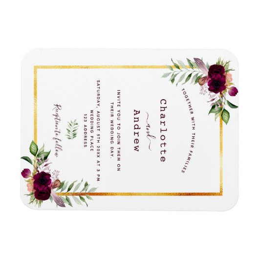 Burgundy florals gold greenery boho bruiloft magneet (Horizontaal)