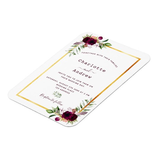 Burgundy florals gold greenery boho bruiloft magneet (Linkerzijde)