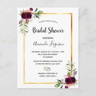 Burgundy florals Gold greenery boho vrijgezellenfe Briefkaart