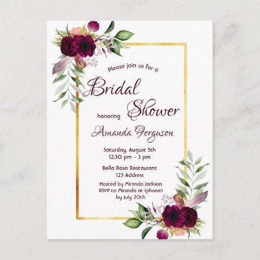 Burgundy florals Gold greenery boho vrijgezellenfe Briefkaart (Voorkant)