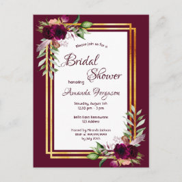 Burgundy florals Gold greenery boho vrijgezellenfe Briefkaart