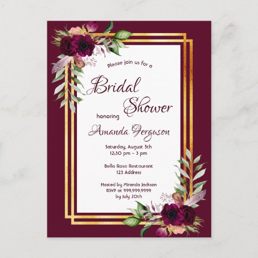 Burgundy florals Gold greenery boho vrijgezellenfe Briefkaart (Voorkant)