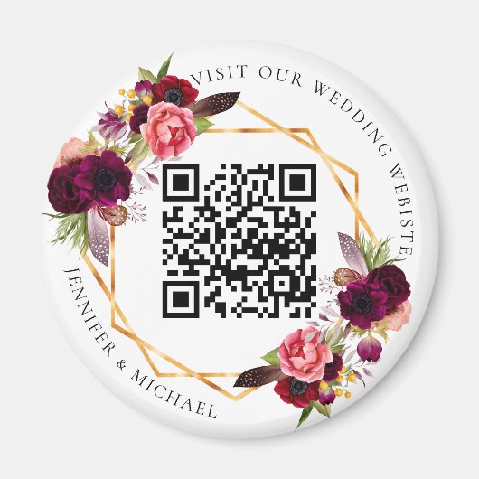 Burgundy florals goud geometrische QR code bruilof Magneet (Voorkant)
