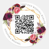 Burgundy florals goud geometrische QR code bruilof Ronde Sticker (Voorkant)