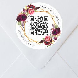 Burgundy florals goud geometrische QR code bruilof Ronde Sticker