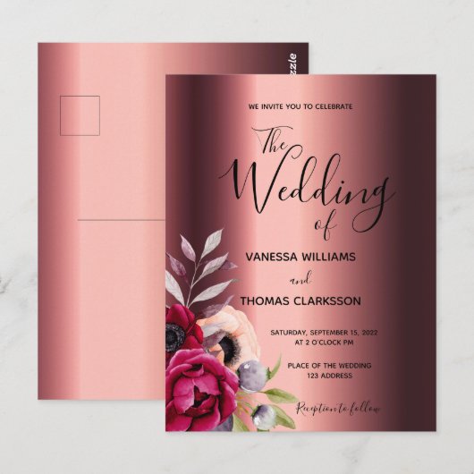 Burgundy florals koper bruiloft briefkaart (Voorkant / Achterkant)