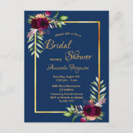 Burgundy florals navy blue boho vrijgezellenfeest briefkaart