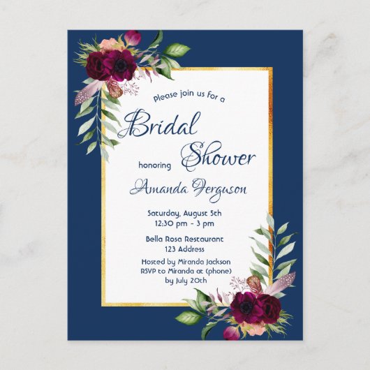 Burgundy florals navy blue boho vrijgezellenfeest briefkaart (Voorkant)