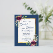 Burgundy florals navy blue boho vrijgezellenfeest briefkaart (Staand voorkant)