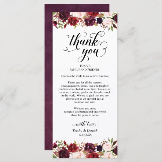 Burgundy Florals, plaats het plaatsen Dank u Kaart (Voorkant / Achterkant)