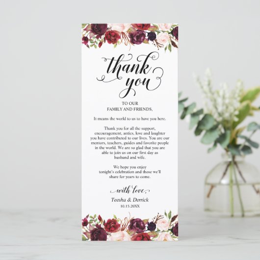 Burgundy Florals, plaats het plaatsen Dank u Kaart (Staand voorkant)