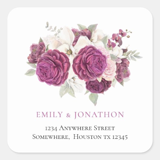 Burgundy Florals Return Name Address Wedding Vierkante Sticker (Voorkant)