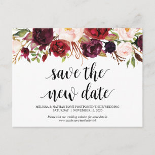 Burgundy Florals, sla de nieuwe date op, Wed Postp Briefkaart