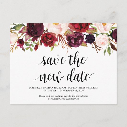 Burgundy Florals, sla de nieuwe date op, Wed Postp Briefkaart (Voorkant)