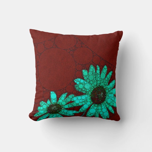Burgundy Florescent Turquoise Flowers Kussen (Voorkant)