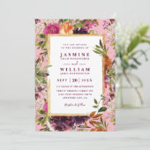 Burgundy Flower Boho Rustic QR Code Wedding Kaart (Staand voorkant)