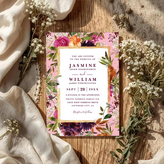 Burgundy Flower Boho Rustic QR Code Wedding Kaart