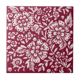Burgundy Flower Floral Leaf Woodland Pattern Tegeltje