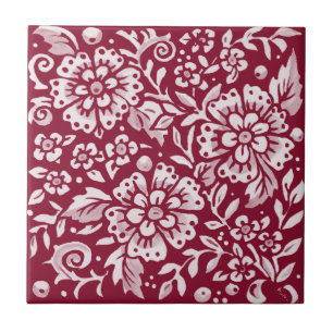 Burgundy Flower Floral Leaf Woodland Pattern Tegeltje