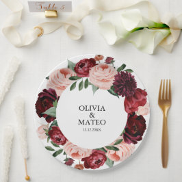 Burgundy Flower Wedding Personalized Papieren Bordje