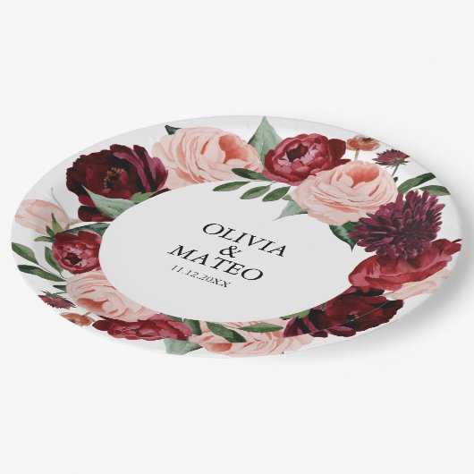 Burgundy Flower Wedding Personalized Papieren Bordje (Gekanteld)