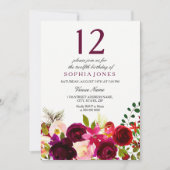 Burgundy Flowers 12th Birthday Party Invite Kaart (Voorkant)