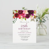 Burgundy Flowers 25th Birthday Party Invitation Kaart (Staand voorkant)