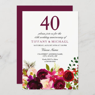 Burgundy Flowers 40th Wedding Jubileum Invite Kaart