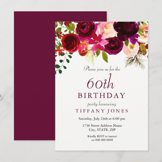 Burgundy Flowers 60th Birthday Party Invitation Kaart (Voorkant / Achterkant)