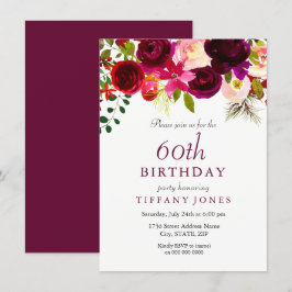 Burgundy Flowers 60th Birthday Party Invitation Kaart
