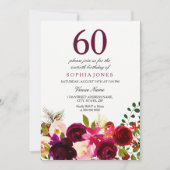Burgundy Flowers 60th Birthday Party Invitation Kaart (Voorkant)