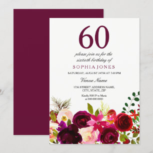 Burgundy Flowers 60th Birthday Party Invitation Kaart