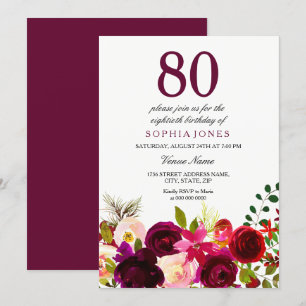 Burgundy Flowers 80th Birthday Party Invitation Kaart