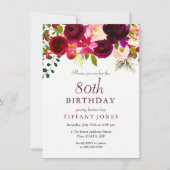Burgundy Flowers 80th Birthday Party Invitation Kaart (Voorkant)