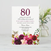 Burgundy Flowers 80th Wedding Jubileum Invite Kaart (Staand voorkant)