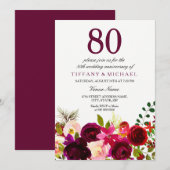 Burgundy Flowers 80th Wedding Jubileum Invite Kaart (Voorkant / Achterkant)