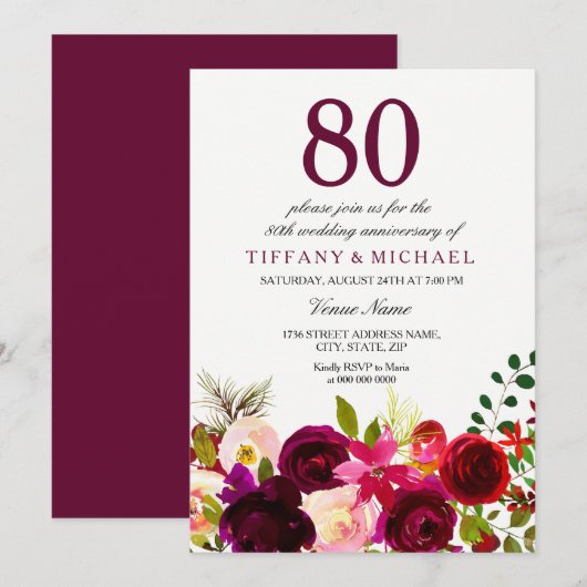 Burgundy Flowers 80th Wedding Jubileum Invite Kaart (Voorkant / Achterkant)
