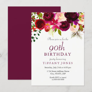 Burgundy Flowers 90th Birthday Party Invitation Kaart