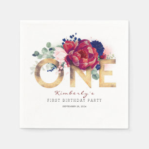 Burgundy Flowers and Gold Typography 1st Birthday Servet