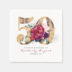 Burgundy Flowers and Gold Typography 50th Birthday Servet