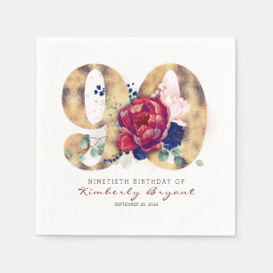 Burgundy Flowers and Gold Typography 90th Birthday Servet