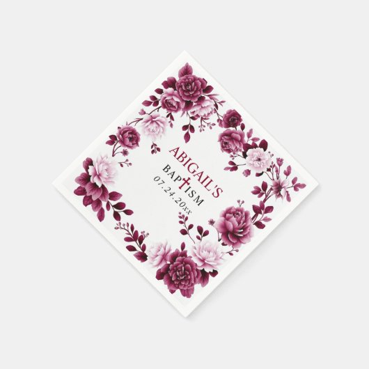 Burgundy flowers Chinoiserie floral girl Baptism Servet (Hoek)
